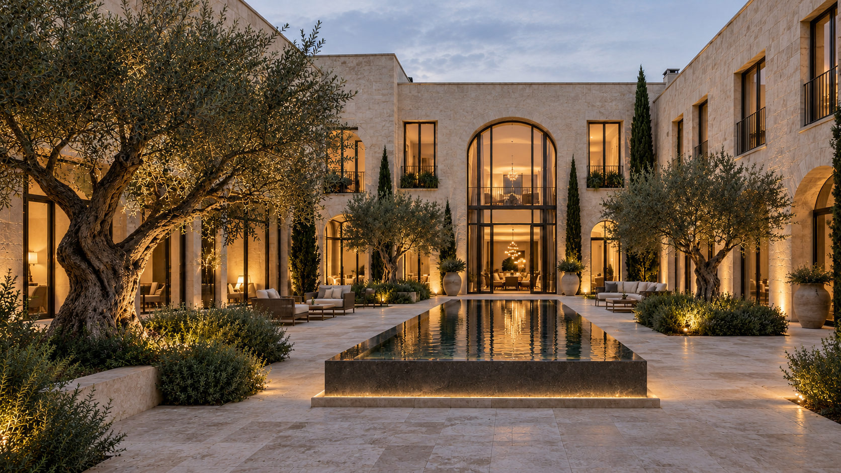 Architectural concept of a contemporary hotel courtyard at dusk